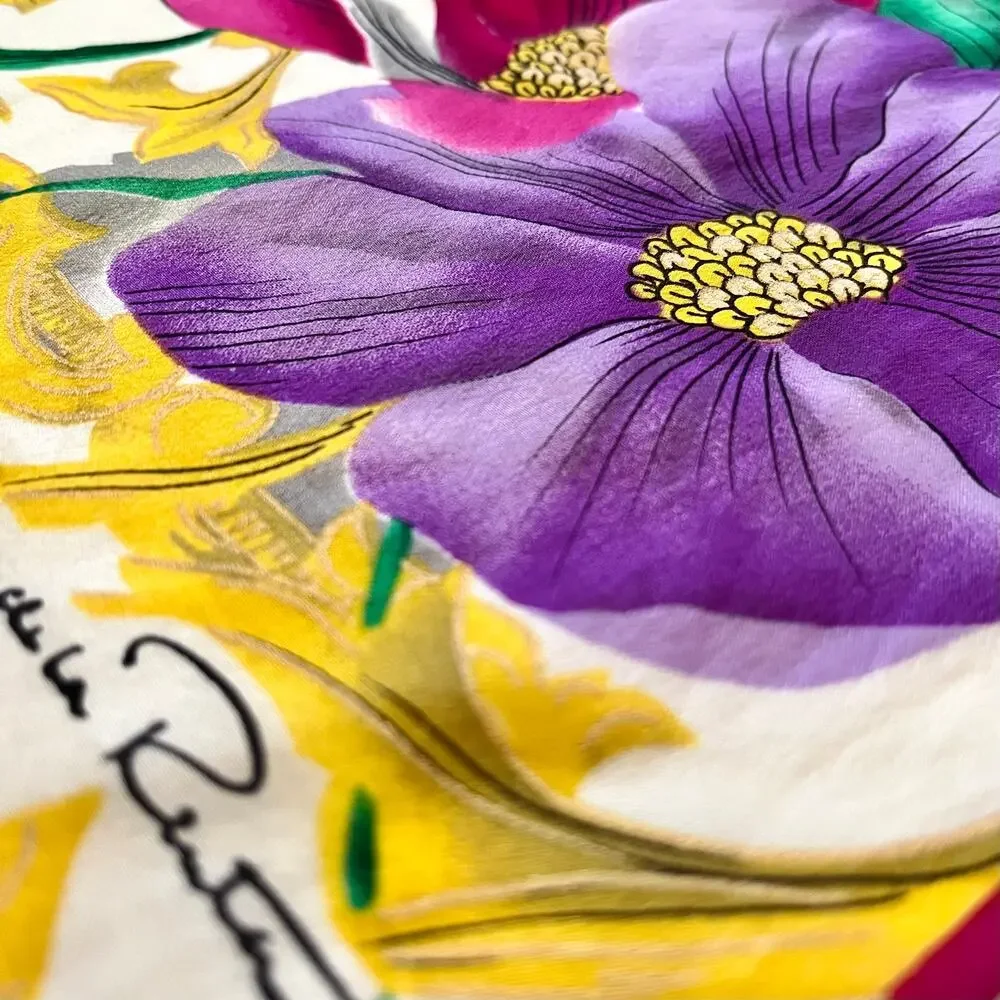 Oscar de la Renta Vintage Baroque Floral Metallic Gold Crepe de Chine Silk Scarf